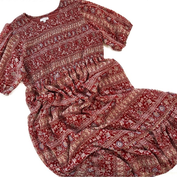 Chicsoul Womens Plus Sz 2X Red Smocked Floral Tiered Midi Dress - Picture 2 of 8